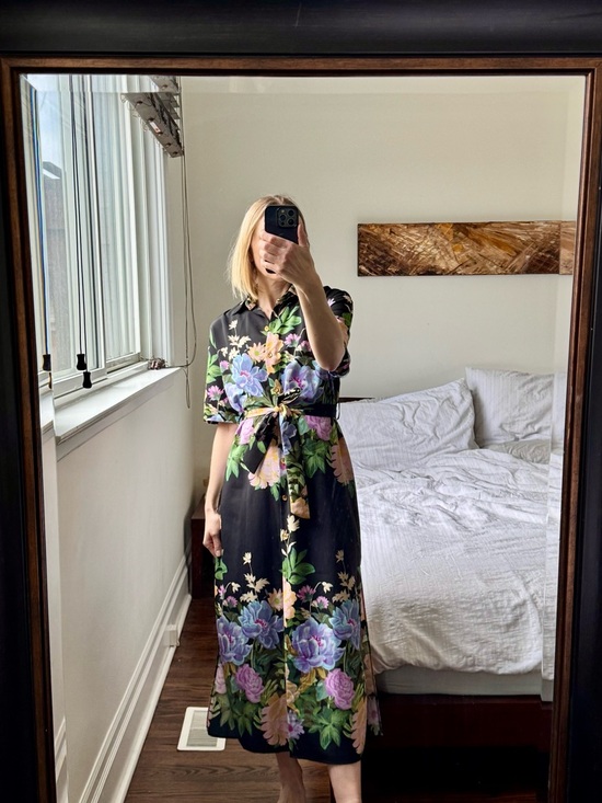 Zara Dresses & Skirts - Black Floral Button-Front Shirt Dress with Belt